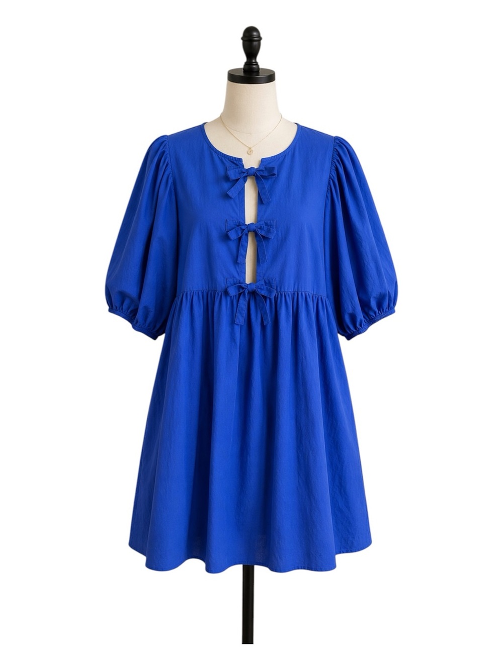 Band of the Free Blue Cotton Bow Babydoll Dress Large Puff Sleeve Boho